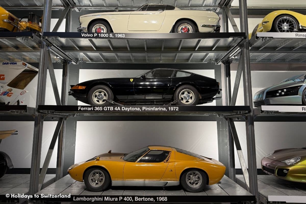 A display of cars at the Swiss Museum of Transport in Lucerne, Switzerland.