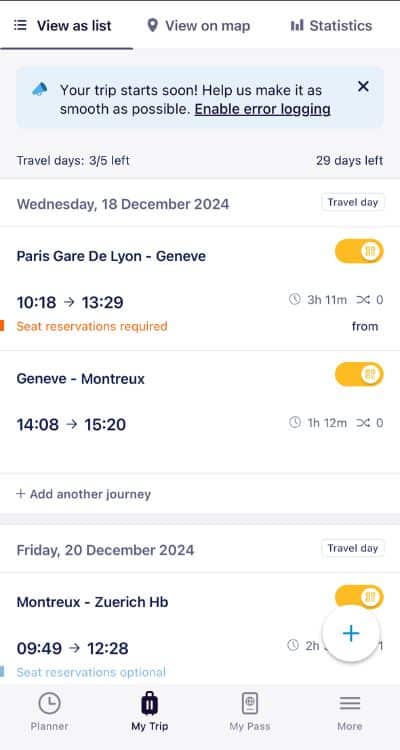 Screenshot of Eurail Rail Planner app