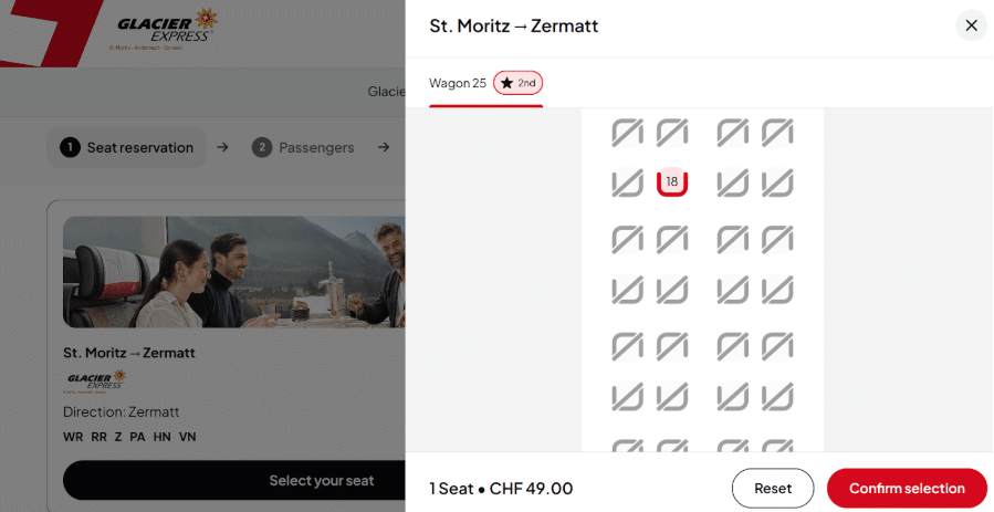 Image showing the seat selection process for the Glacier Express.
