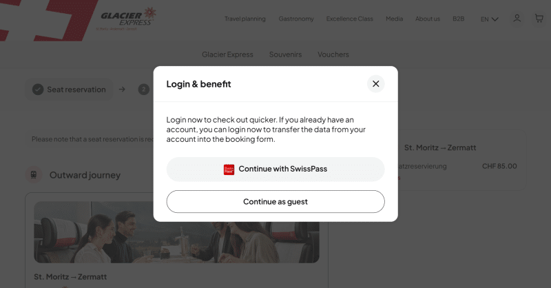 Screenshot of booking process from Glacier Express website