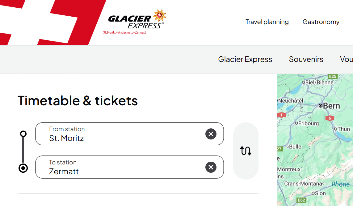 Image from Glacier Express website showing what to choose when making a booking.