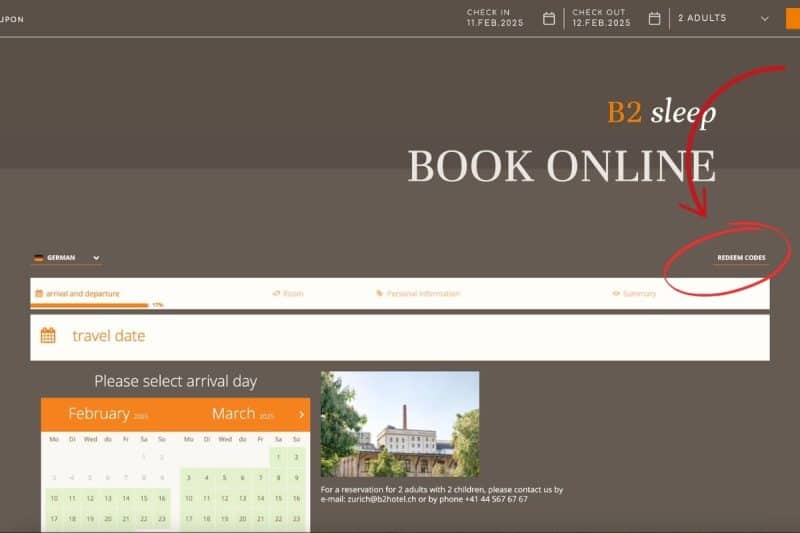 Screenshot of booking page on B2 Hotel Zurich website