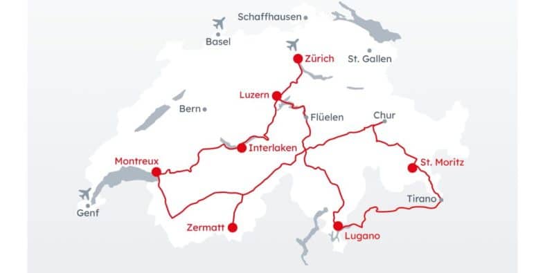 Map showing route of Journey of Discovery rail tour in Switzerland