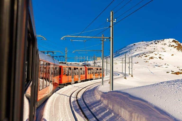 Red Swiss train in snow