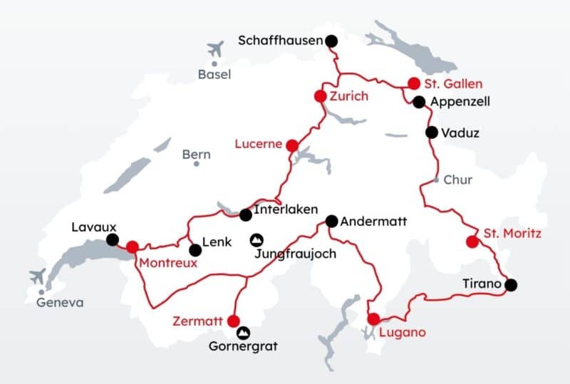 Map showing itinerary of Switzerland Travel Centre's Grand Tour of Switzerland Explorer - Panoramic tour
