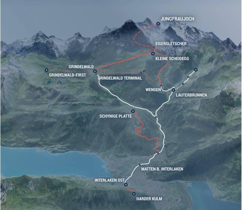 Map showing the Jungfrau Railways network including the different routes to reach Jungfraujoch.