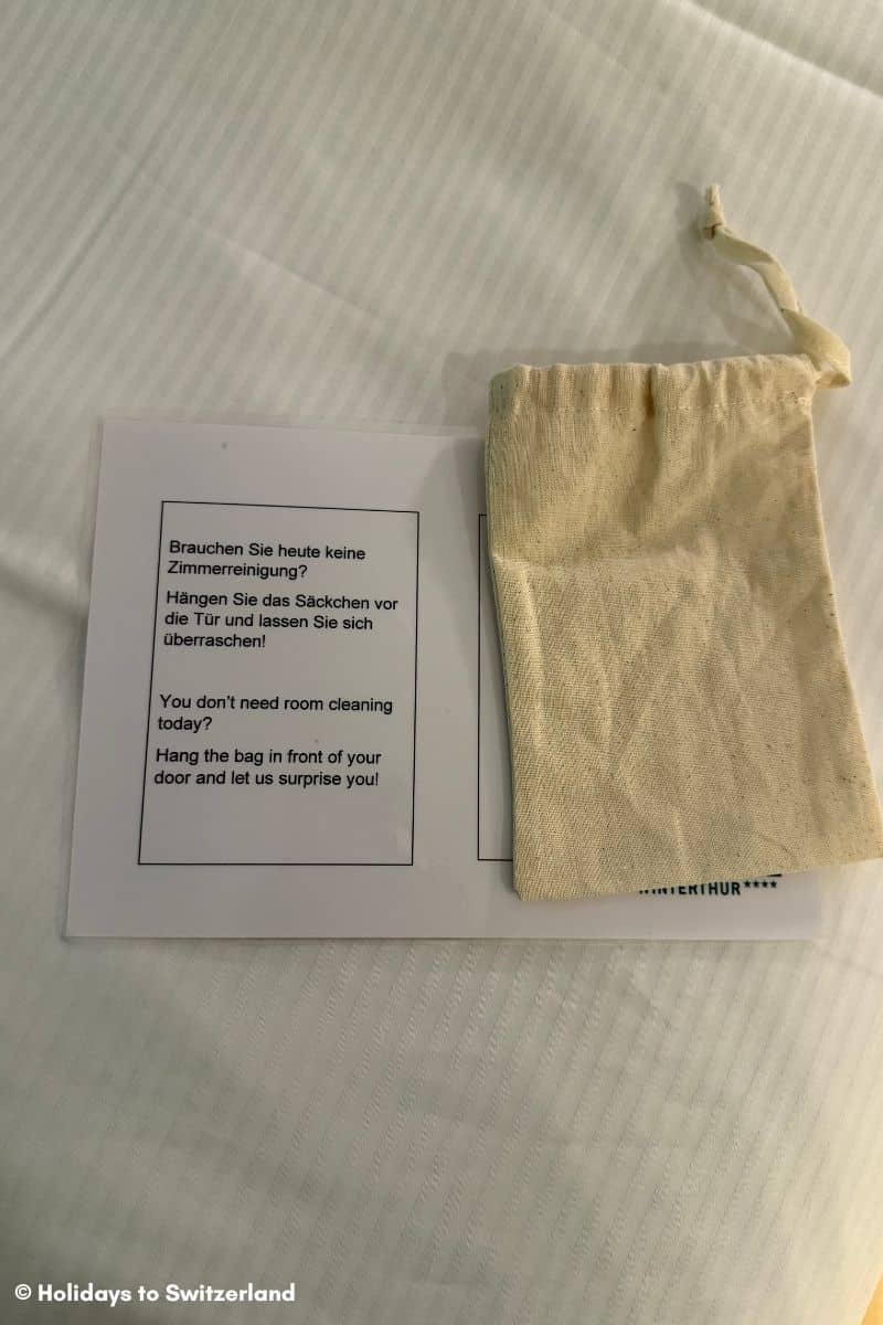 small calico bag with a note at Park Hotel Winterthur